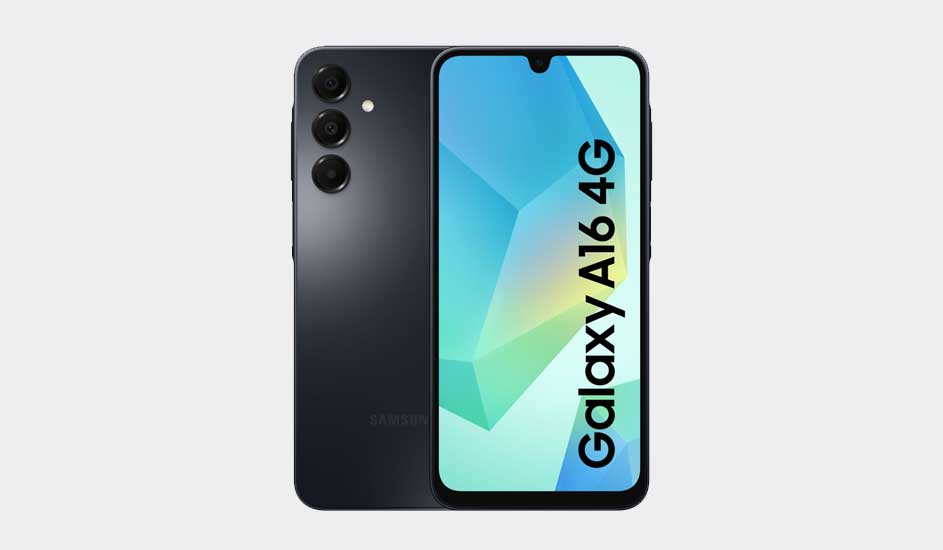 Een zwarte Samsung Galaxy A16 4G-smartphone met drievoudige camera en helder scherm met de tekst “Galaxy A16 4G” in beeld.