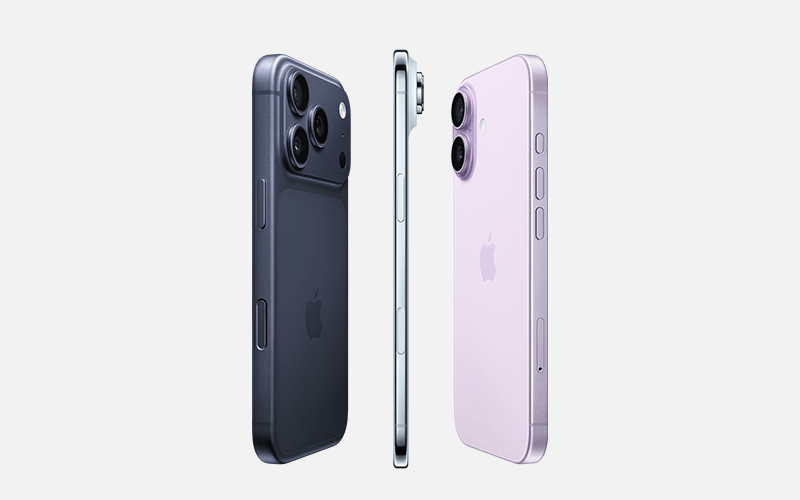 Three smartphones side view: dark blue back, silver front frame, and purple back with dual cameras.