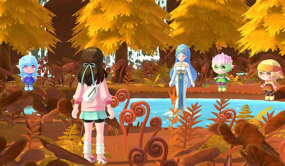 Girl faces magical spirits by a river in an autumn forest, a bright fantasy video game with glowing colours.