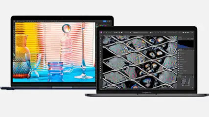 Twee laptops staan naast elkaar; één toont kleurrijke vazen, de ander een close-up van een hekwerk.