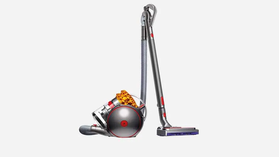 Een zilverkleurige Dyson stofzuiger staat tegen een witte achtergrond met de stofzuigerkop aan de rechterkant.