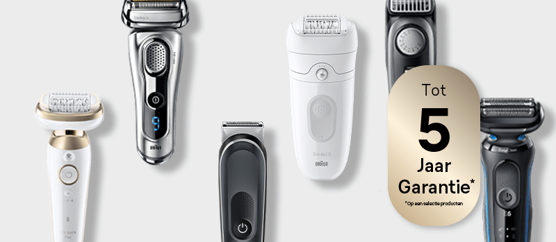 Op de afbeelding zie je diverse Braun scheerapparaten en trimmers, met daarnaast een label dat tot 5 jaar garantie aangeeft.