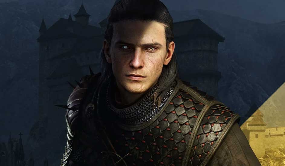 Dit is een videospel: Een jonge krijger in lederen en ketenen harnas staart vastberaden, met een somber kasteel en bergachtig landschap op de achtergrond.