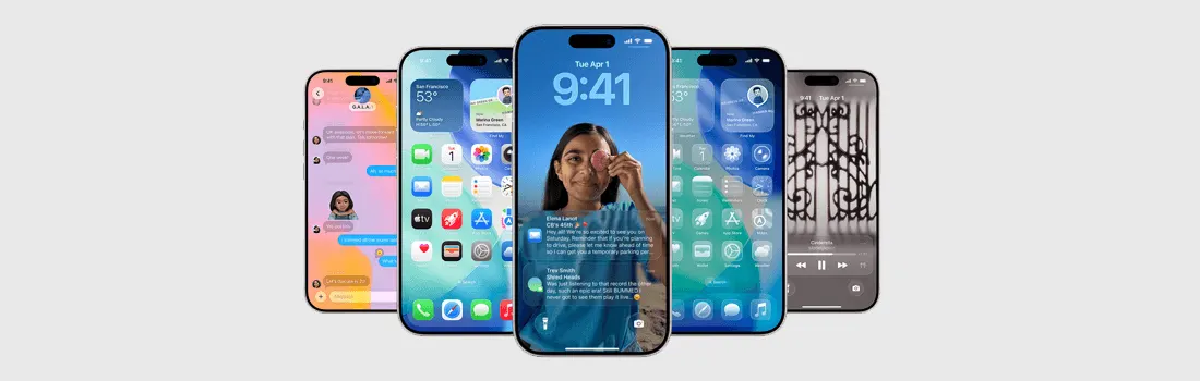 Five modern smartphones side by side show bright screens with messages, weather, widgets, photo and music interface.