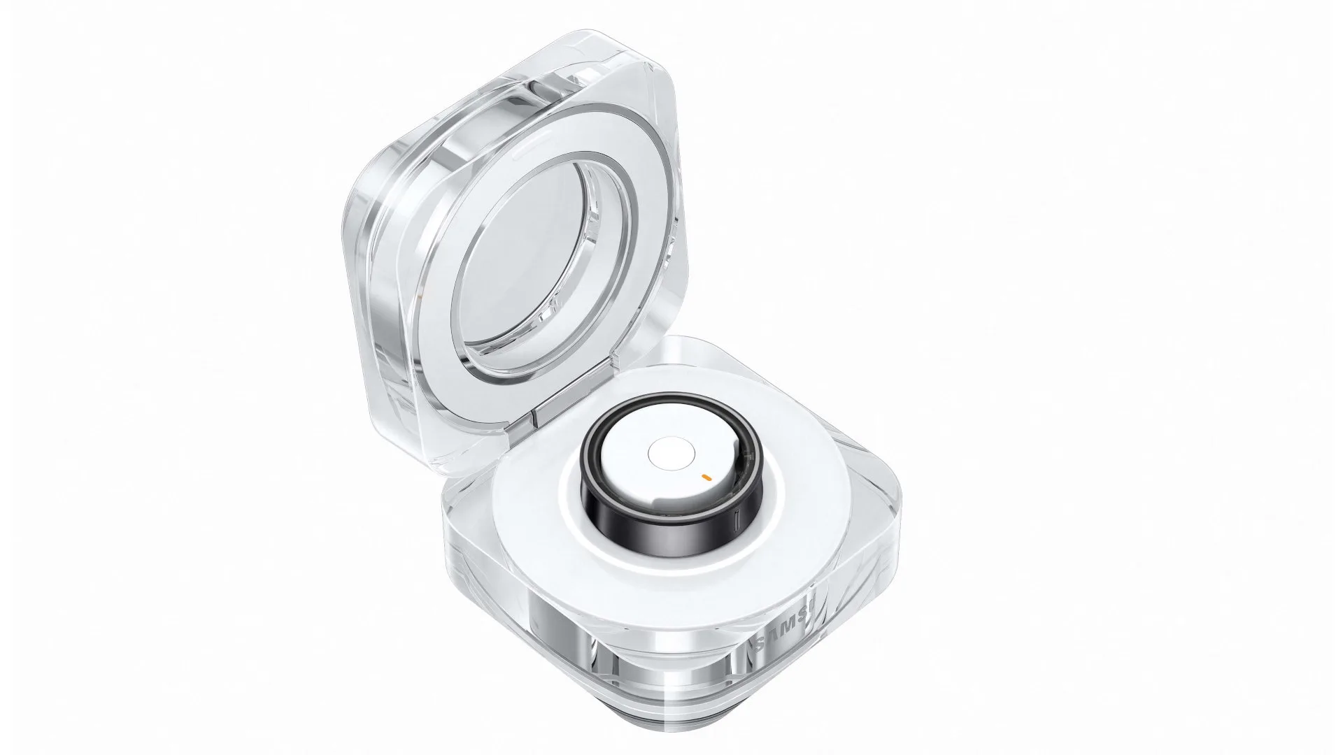 Transparante vierkante doos, open, met een witte en zwarte ronde gadget erin op een witte achtergrond.