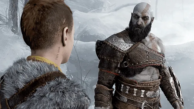 Een man met een baard en harnas staat tegenover een jongen in een vachtjas in een winterlandschap.