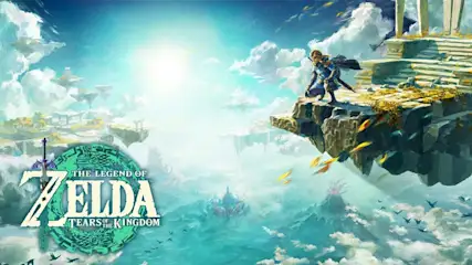 Link staat op een zwevend eiland met een zwaard, tegen een achtergrond van blauwe lucht en bergen. Het logo van Zelda staat links.