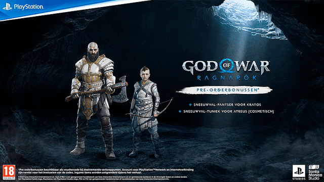 Kratos met bijl en Atreus met pijl en boog staan voor de titel 'God of War: Ragnarok' in een grot. Pre-orderbonussen worden getoond.