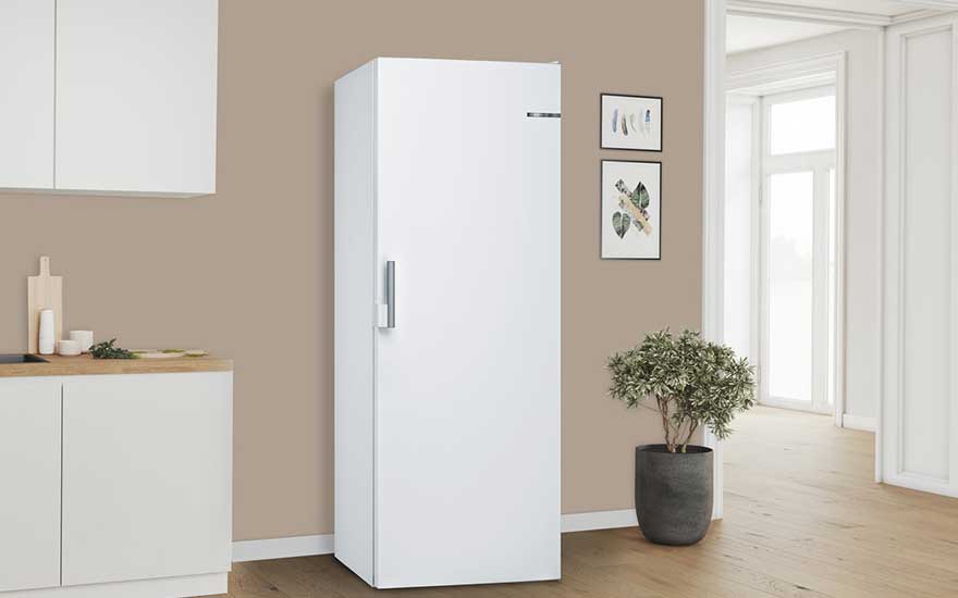 Tall, free‑standing white freezer in a modern minimalist kitchen with wooden floor, beige wall, sleek cupboards and a green potted plant.