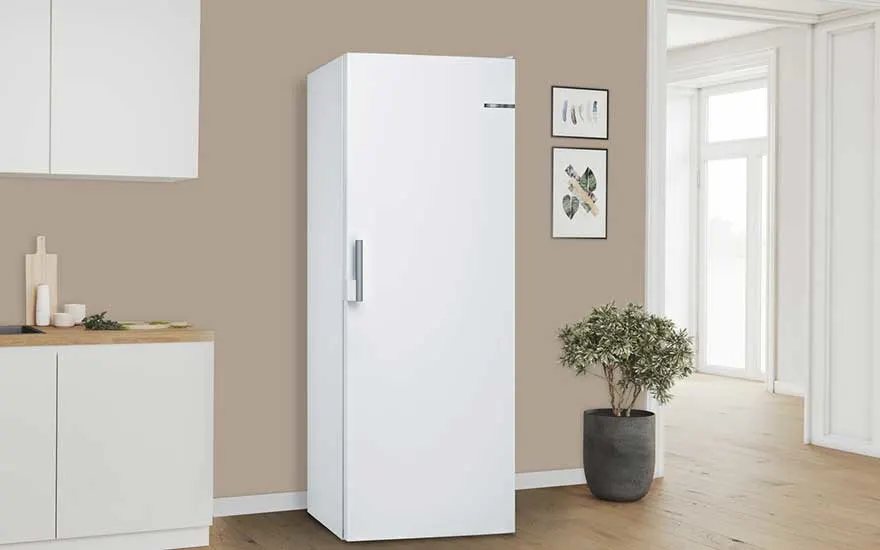 Hoge, vrijstaande witte vriezer in een moderne, minimalistische keuken met houten vloer, beige muur, keukenkastjes en groene plant.