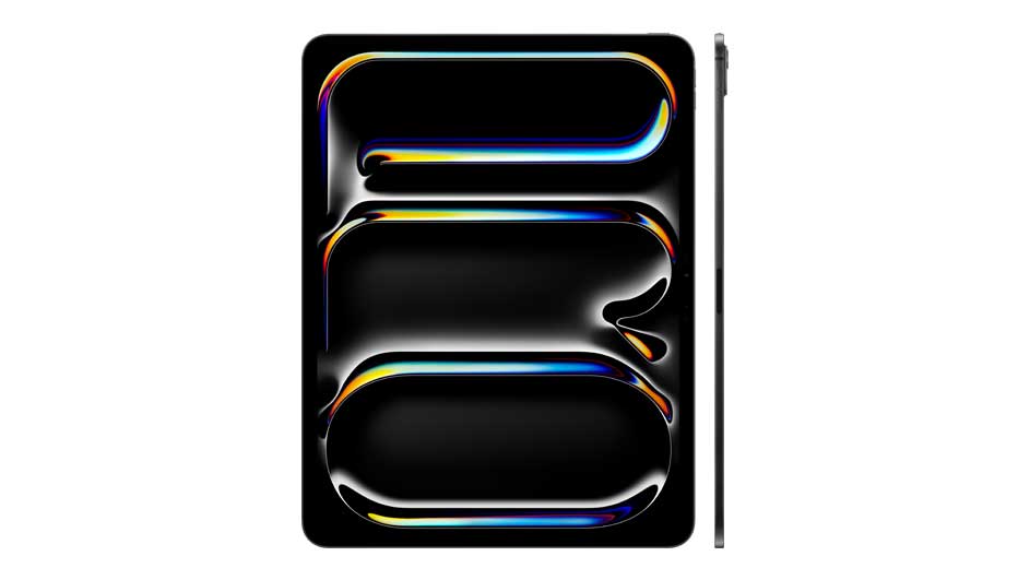 Een dunne, zwarte Apple iPad wordt van voren en opzij getoond. Het scherm heeft een kleurrijke abstracte achtergrond.
