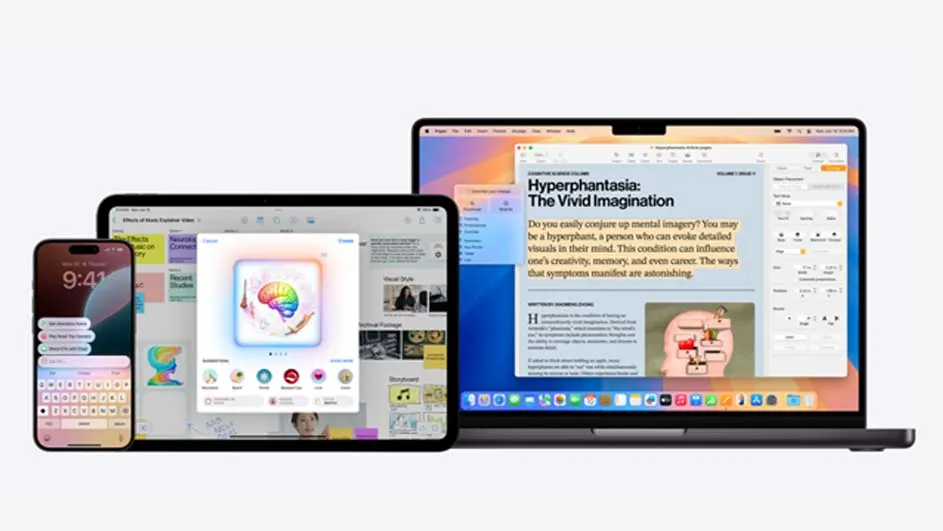 Een iPhone, iPad en MacBook staan naast elkaar op een witte achtergrond en tonen schermen met verschillende apps.