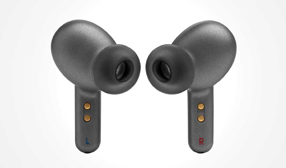 A black charging case is open; one earbud sits inside and another hovers above, with a copper-toned detail on a pale background.