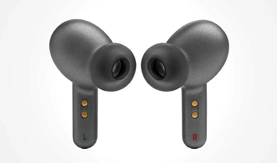 A black charging case is open; one earbud sits inside and another hovers above, with a copper-toned detail on a pale background.