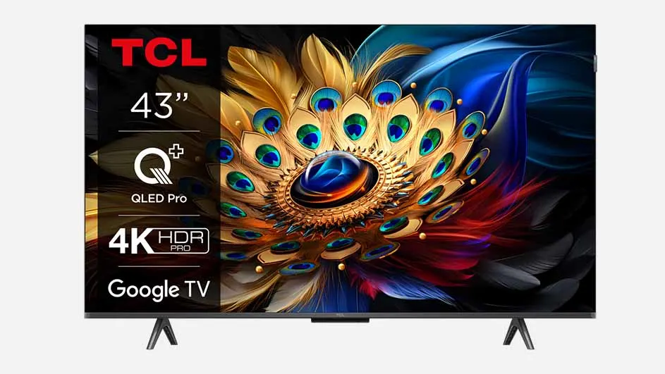 Vooraanzicht van een TCL QLED-televisie van 43 inch met een kleurrijk beeld op een zwarte achtergrond.