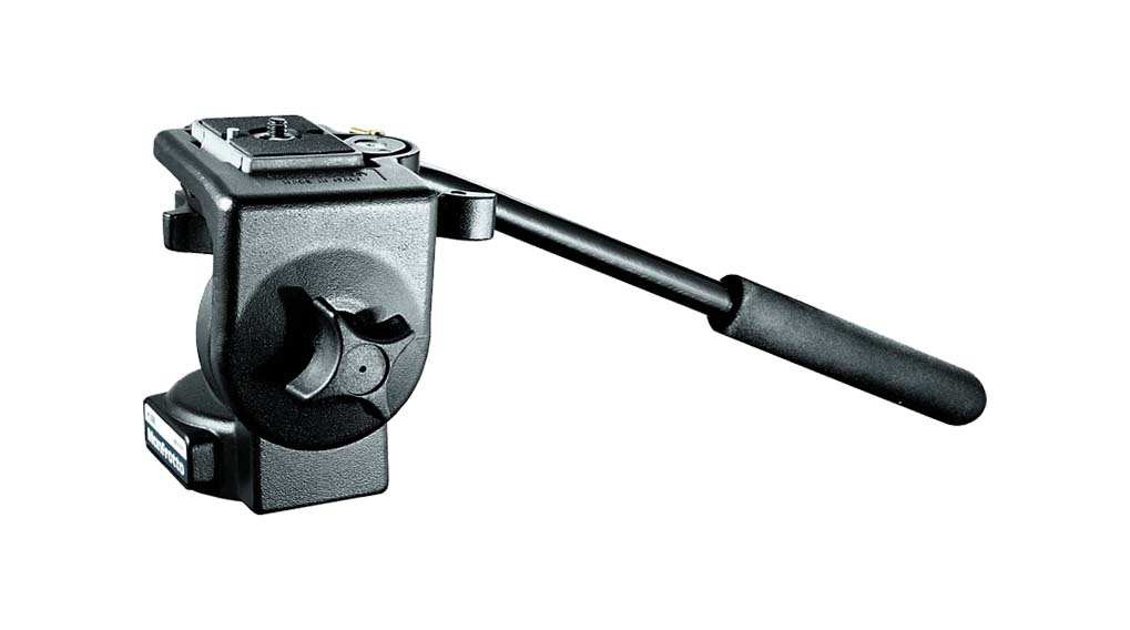 Zwarte camerakop met handgreep, gebruikt voor het stabiliseren van camera's. Het staat op een witte achtergrond.