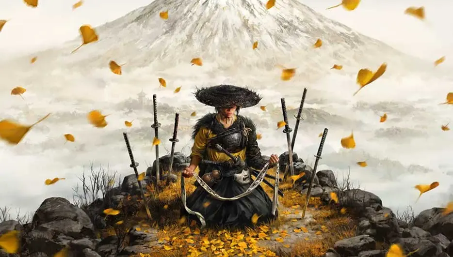 Een samoerai in zwart-geel harnas zit knielend tussen vijf zwaarden op een bergtop, omringd door vallende herfstbladeren. Merk: Ghost of Tsushima.