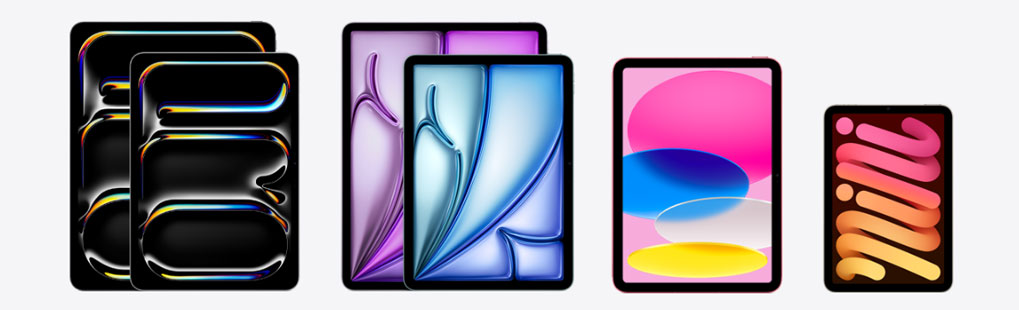 Op de afbeelding staan vijf verschillende Apple iPads, elk met een uniek en kleurrijk schermdesign, waaronder ook een iPad mini aan de rechterkant.