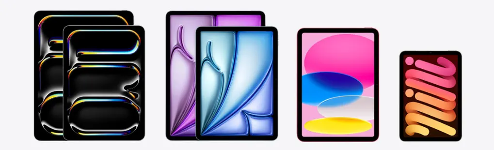 Op de afbeelding staan vijf verschillende Apple iPads, elk met een uniek en kleurrijk schermdesign, waaronder ook een iPad mini aan de rechterkant.