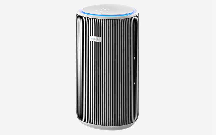 A taller Philips PureProtect 3200  air purifier with striking black and white stripes and a blue light ring on top stands alone against a neutral backdrop.