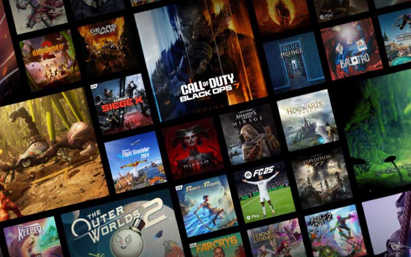 Collage van verschillende gamecovers, waaronder bekende titels, diagonaal gerangschikt als overzicht van het Xbox Game Pass‑aanbod.