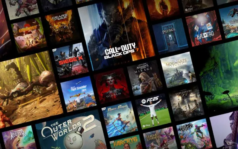 Collage van verschillende gamecovers, waaronder bekende titels, diagonaal gerangschikt als overzicht van het Xbox Game Pass‑aanbod.