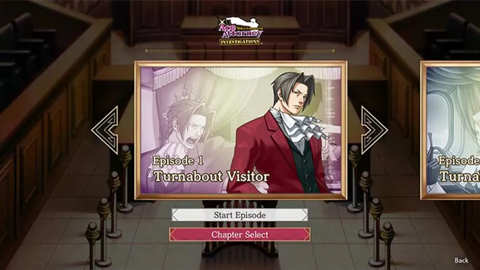 Menu van Ace Attorney Investigations met 'Episode 1: Turnabout Visitor' en knoppen 'Start Episode' en 'Chapter Select'.