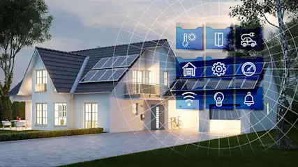 A modern house with solar panels on its roof is displayed, overlaid with smart home control icons. A bicycle is parked near the garage.