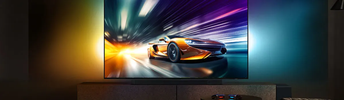 Afbeelding van een Samsung-televisie in een donkere omgeving. Op de televisie is een snelle auto te zien.