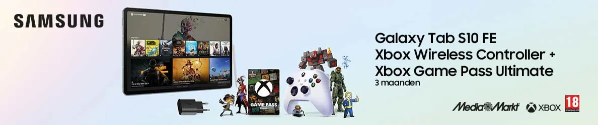 Samsung Galaxy Tab S10 FE met Xbox-controller, Game Pass en accessoires. Gaming en entertainment in één pakket, ideaal voor plezier.