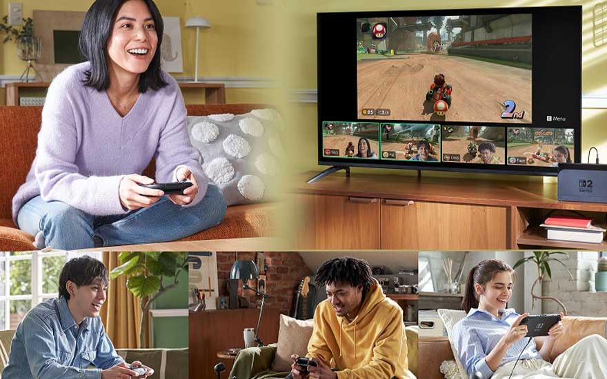 Friends relaxing at home while gaming, some on the sofa with handheld consoles, others racing together on the TV in a bright, cosy living room.