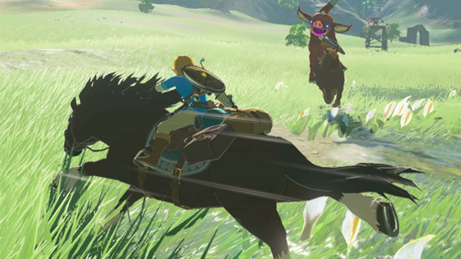 Op een groene weide rijdt een figuur op een zwart paard, een ander figuur op een bruin dier volgt, op de achtergrond staan gebouwen.