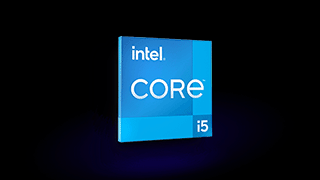 Blauw Intel Core i5 logo op zwarte achtergrond. Logo is vierkant met witte letters.