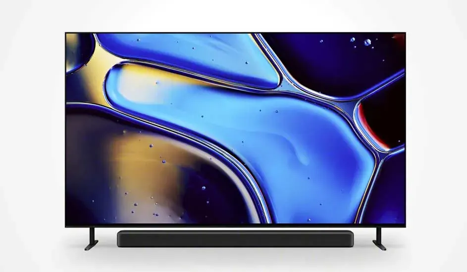 Een moderne televisie toont abstracte blauwe vormen, met een soundbar eronder op een witte achtergrond.