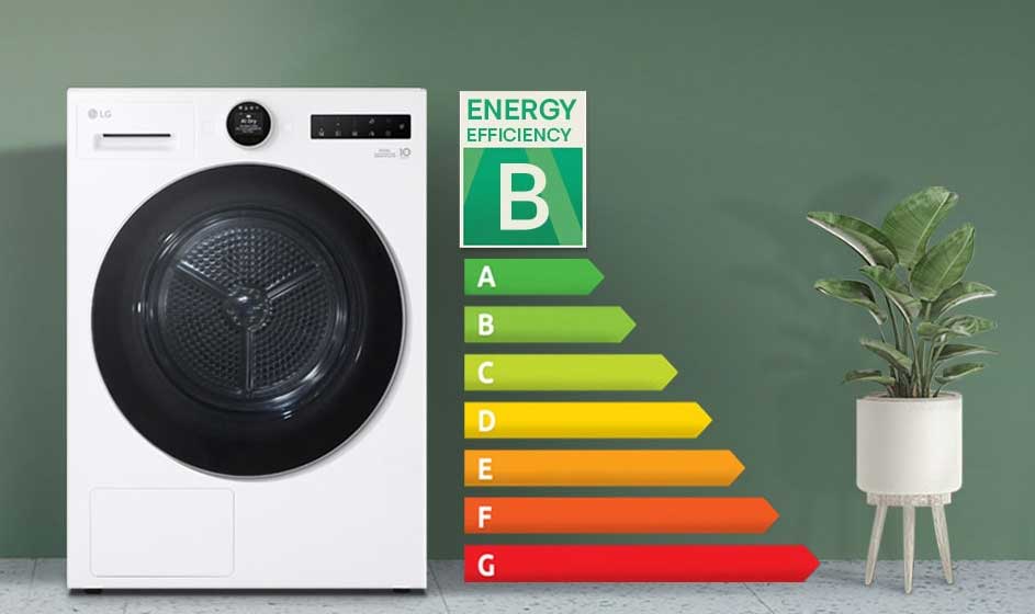 Een witte LG-wasmachine staat naast een energie-efficiëntielabel met klasse B, gekleurde pijlen en een plant in een witte pot.