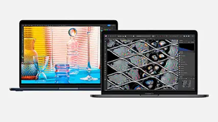 Twee laptops staan naast elkaar; één toont kleurrijke vazen, de ander een close-up van een hekwerk.