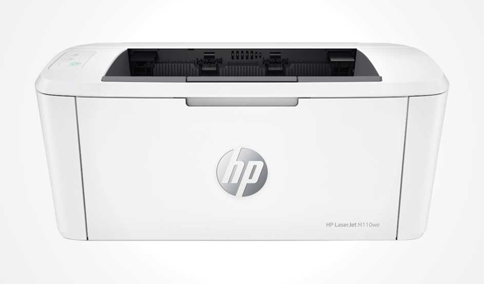 A compact white HP laser printer on a light background, with the top paper feed/output slot and the HP logo on the front.