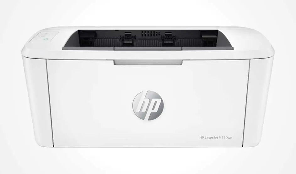A compact white HP laser printer on a light background, with the top paper feed/output slot and the HP logo on the front.