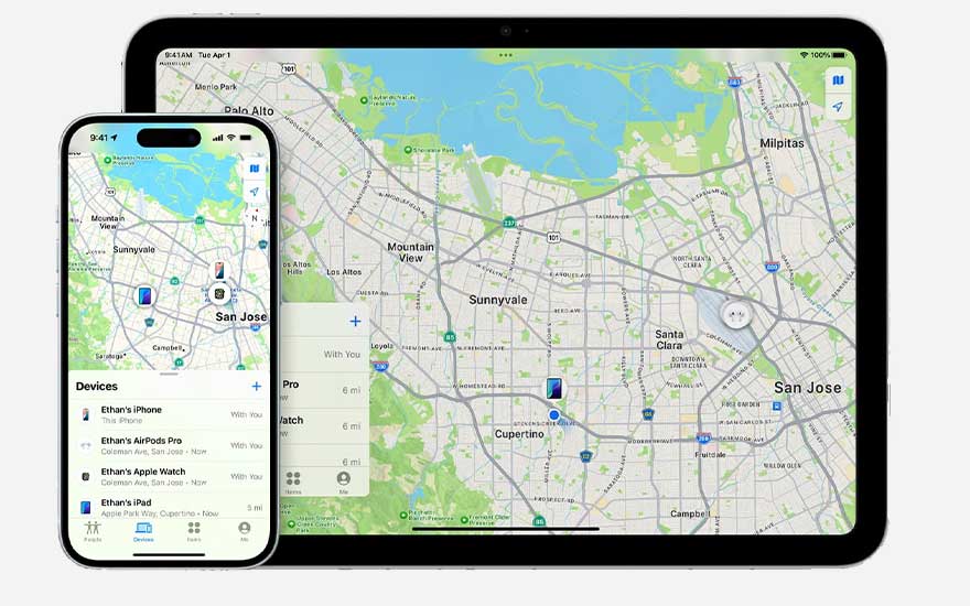 iPhone and tablet display a large city map in the Find app, with several devices highlighted so each one’s location is immediately visible.