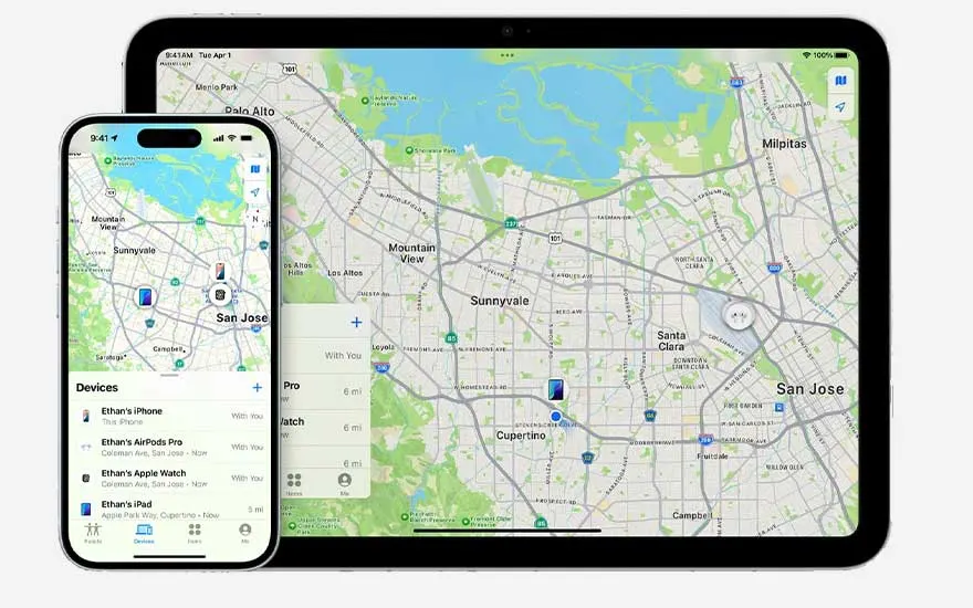 iPhone en tablet tonen een grote stadskaart in de Zoek‑app, met meerdere apparaten gemarkeerd, zodat de locatie van elk toestel direct zichtbaar is.