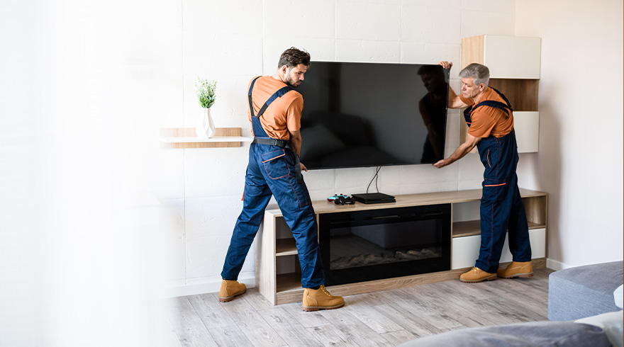 Twee mensen in overalls tillen een groot scherm boven een tv-meubel in een kamer.