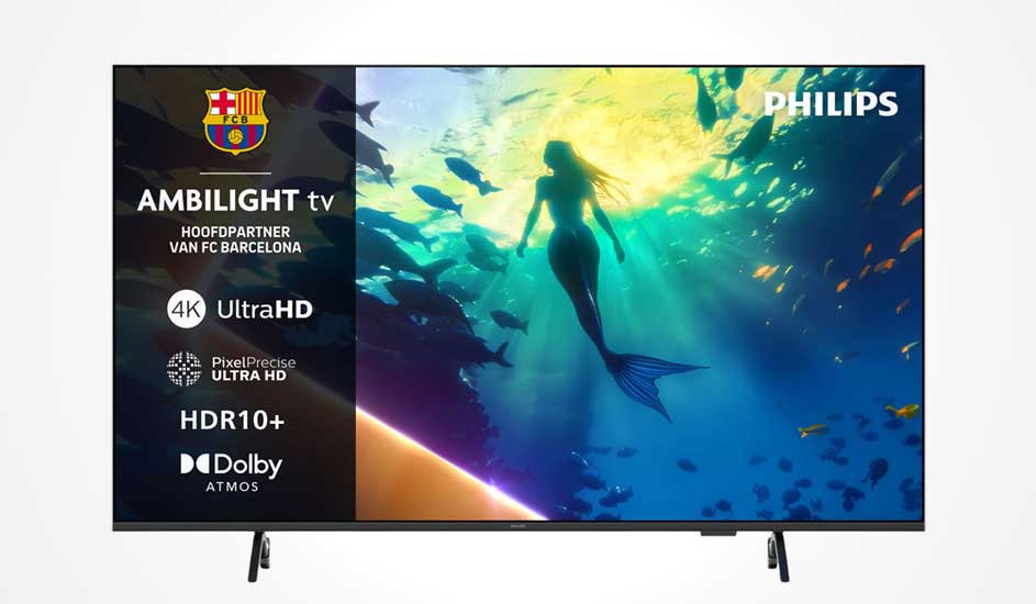 Een Philips Ambilight tv toont een kleurrijk onderwaterbeeld met een zeemeermin en heeft 4K Ultra HD, HDR10+ en Dolby Atmos.