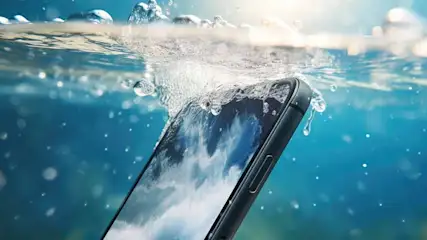 A smartphone is partially submerged in water, with water splashing around it and bubbles visible. The screen displays a cloudy sky.
