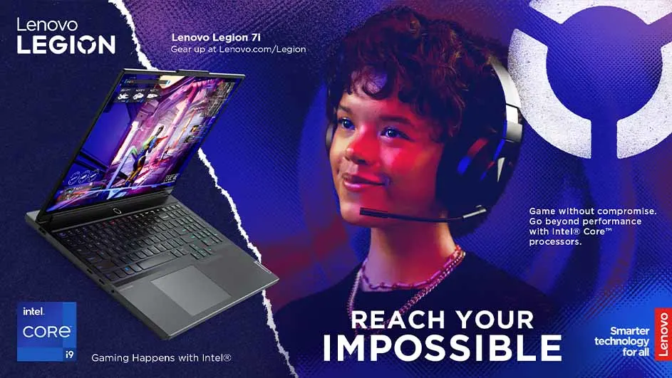 Een advertentie voor Lenovo Legion met een laptop en een persoon met een headset op een blauwe achtergrond.