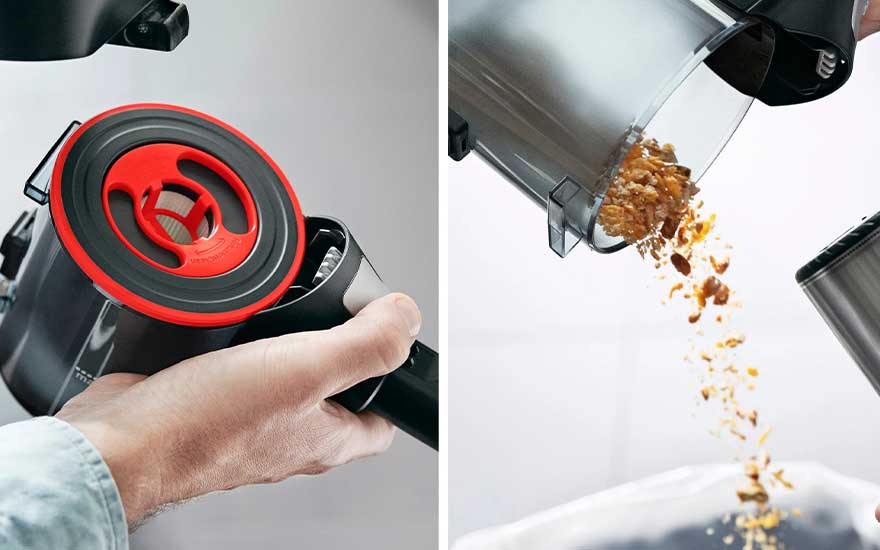 Close-up shows emptying the dust bin and removing dirt from a cordless vacuum cleaner after use, ready for the next cleaning session.