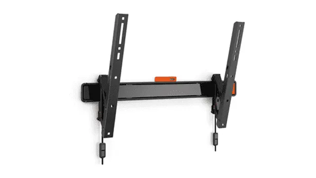 Een zwarte tv-muurbeugel met twee verticale steunen en een horizontaal stuk op een witte achtergrond.