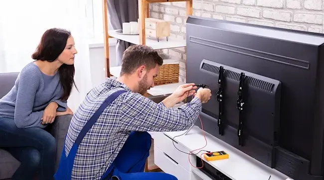 A technician connects wires to a mounted television, using a yellow multimeter on a white cabinet. A woman watches from a gray couch.