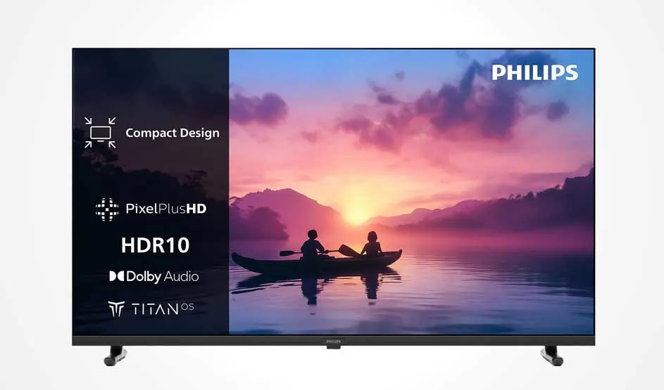 Een Philips-televisie toont twee mensen in een boot op rustig water bij een kleurrijke zonsondergang.
