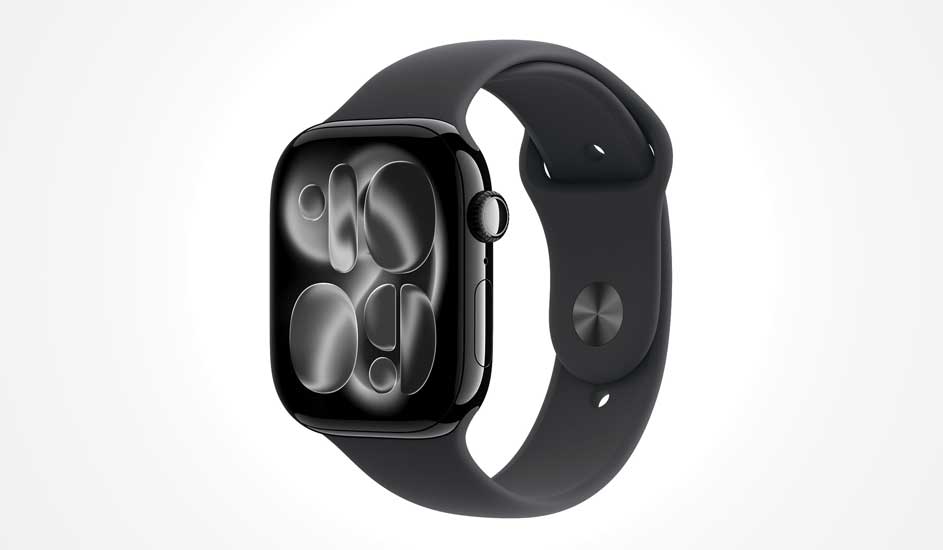 Een zwarte Apple Watch met afgerond vierkant display en zwarte siliconen band, toont een abstracte wijzerplaat op het scherm.