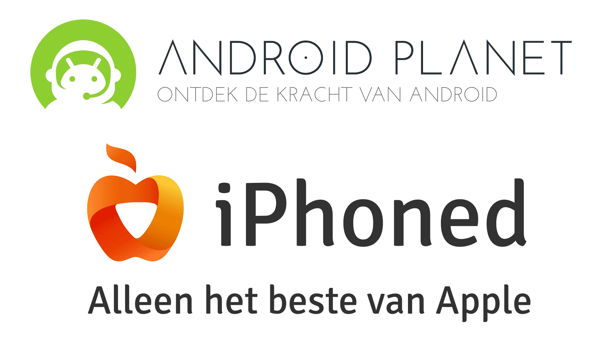 Logo's van Android Planet met groene robot en iPhoned met oranje appel, beide met slogans op witte achtergrond.